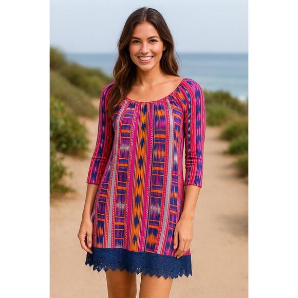 2B Together Boho Aztec Print Peasant Tunic Dress with Crochet Hem – Small - Picture 1 of 9